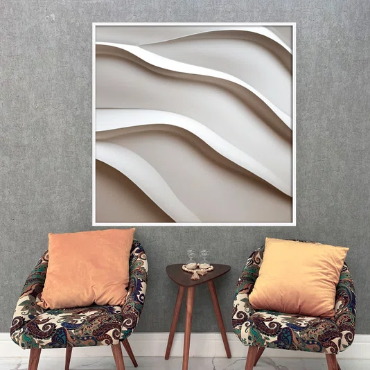 Quadro Abstrato Refinado em Tons Neutros com Ondas Suaves e Moldura e Vidro