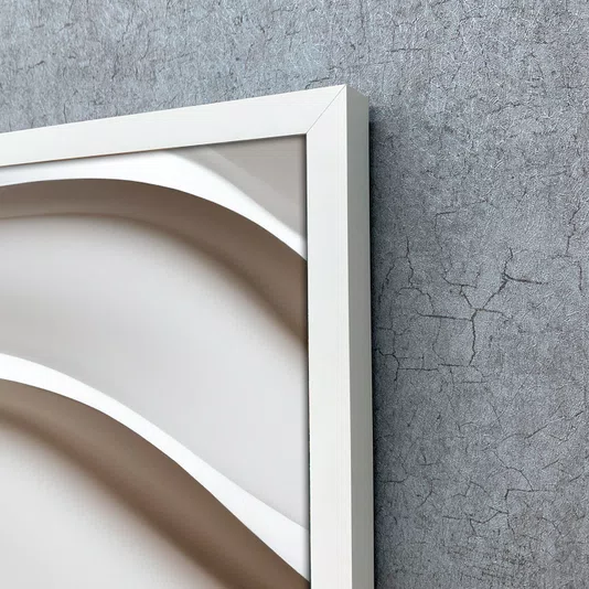 Quadro Abstrato Refinado em Tons Neutros com Ondas Suaves e Moldura e Vidro