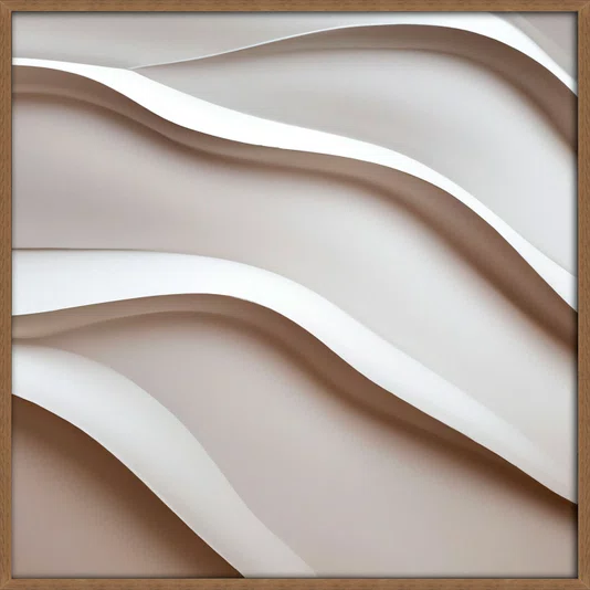 Quadro Abstrato Refinado em Tons Neutros com Ondas Suaves e Moldura e Vidro