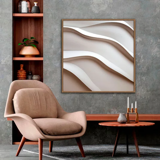 Quadro Abstrato Refinado em Tons Neutros com Ondas Suaves e Moldura e Vidro