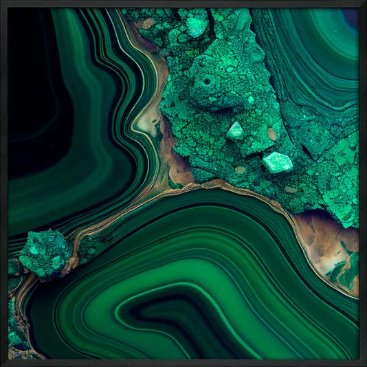 Quadro Abstrato Verde Esmeralda Textura Mineral Luxuosa com Moldura e Vidro