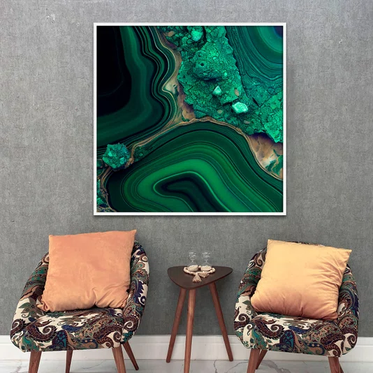 Quadro Abstrato Verde Esmeralda Textura Mineral Luxuosa com Moldura e Vidro