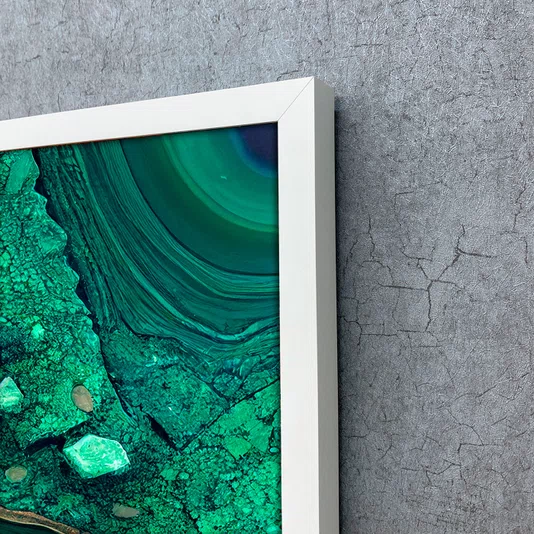 Quadro Abstrato Verde Esmeralda Textura Mineral Luxuosa com Moldura e Vidro