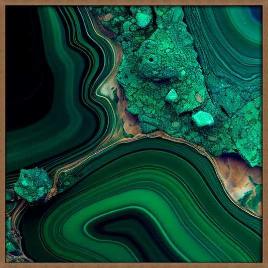 Quadro Abstrato Verde Esmeralda Textura Mineral Luxuosa com Moldura e Vidro