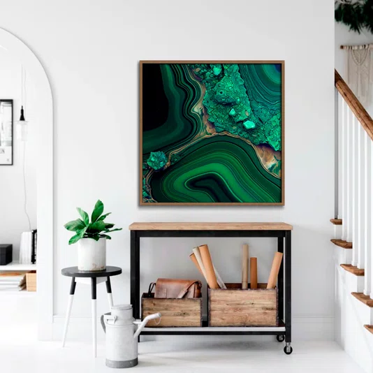 Quadro Abstrato Verde Esmeralda Textura Mineral Luxuosa com Moldura e Vidro