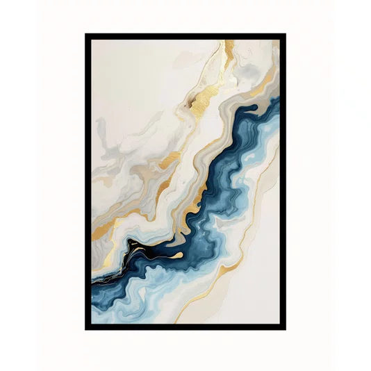 Quadro Arte Abstrata em Azul Profundo com Ouro Metálico Luxuoso e Sofisticado