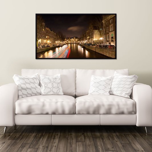 Quadro Canal Iluminado em Amsterdam Durante à Noite 150x80cm