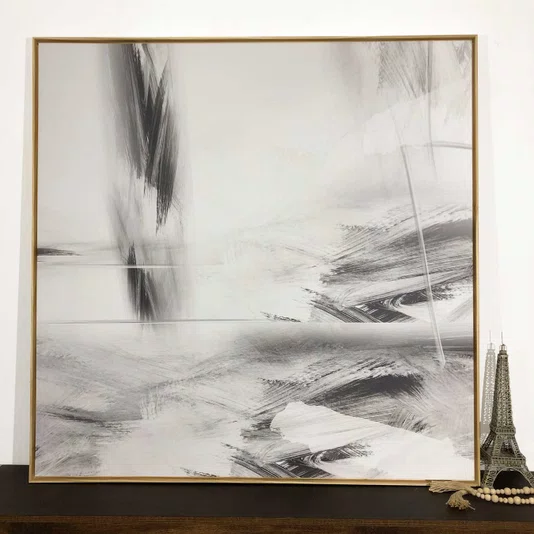 Quadro Canvas Abstrato Moderno Preto e Branco com Moldura Natural 120x120 cm