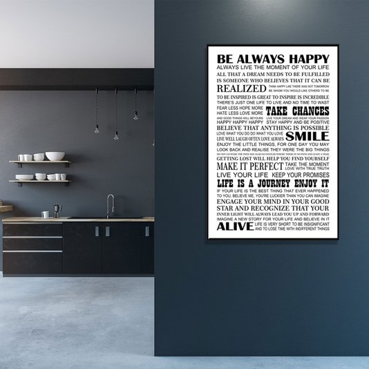 Quadro Canvas com Moldura Preta Frase Motivacional Seja Sempre Feliz 80x120cm