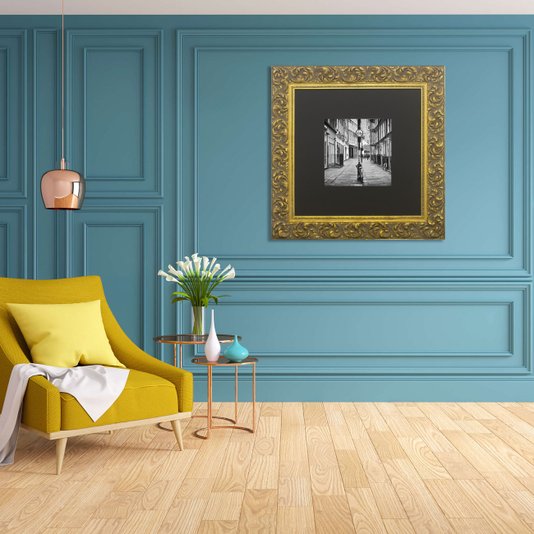 Quadro Clássico com Moldura Dourada Gravada Meard Street 80x80cm