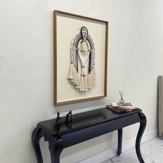 Quadro Cocar Indígena Arte Manual em Fios Azul e Branco 85x105 cm