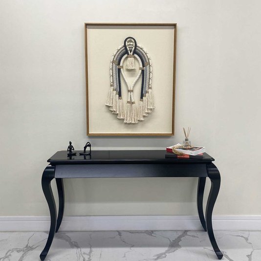Quadro Cocar Indígena Arte Manual em Fios Azul e Branco 85x105 cm