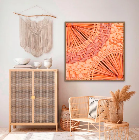 Quadro com Estilo  Arte Artesanal Textura Traçada em Fibras Naturais com Moldura e Vidro