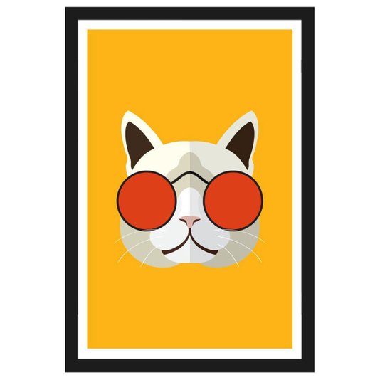 Quadro com Gato de Óculos Vermelho em Fundo Amarelo com Moldura Preta 40x60cm