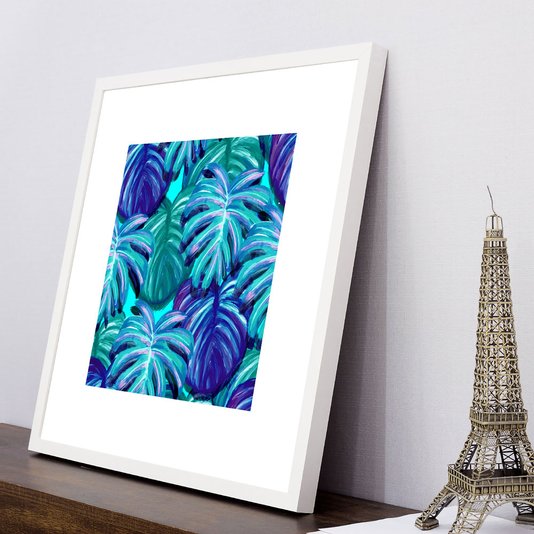 Quadro com Moldura Branca Floral Flores Azuis e Verdes Vários Tamanhos