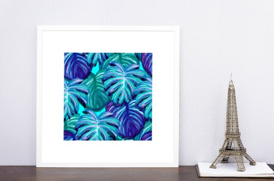 Quadro com Moldura Branca Floral Flores Azuis e Verdes Vários Tamanhos