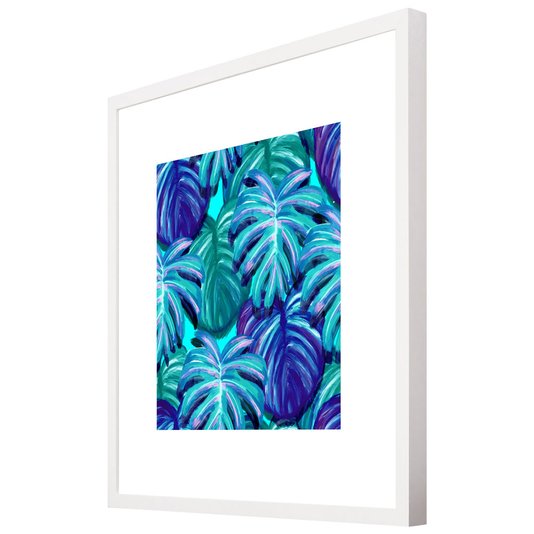 Quadro com Moldura Branca Floral Flores Azuis e Verdes Vários Tamanhos
