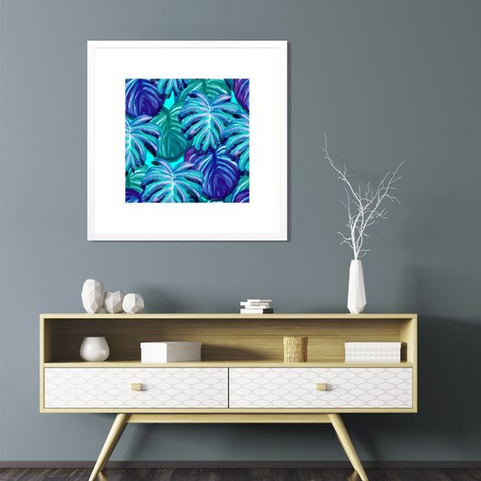 Quadro com Moldura Branca Floral Flores Azuis e Verdes Vários Tamanhos