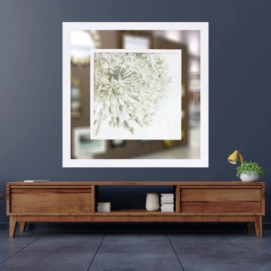 Quadro com Moldura Branca Moderno com Espelho Floral 90x90cm