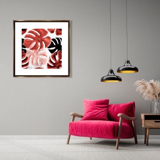 Quadro com Moldura Bronze Folhas Costela de Adão 80x80 cm