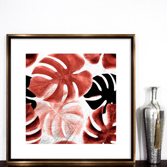 Quadro com Moldura Bronze Folhas Costela de Adão 80x80 cm