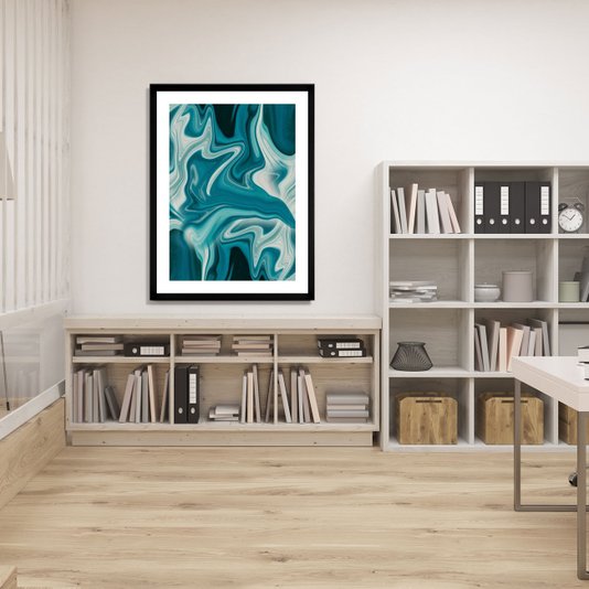 Quadro Decorativo com Moldura Preta Chanfrada Arte Abstrata Azul