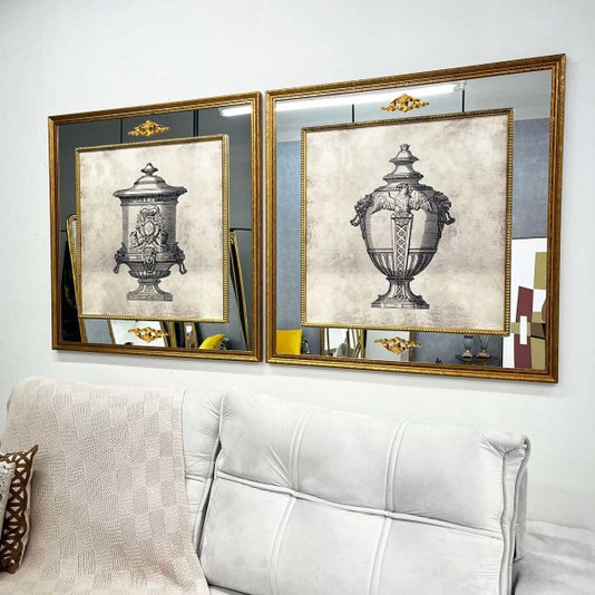 Quadro com Moldura Dourada e Espelho Imagem Ânfora com Águia 120x120 cm