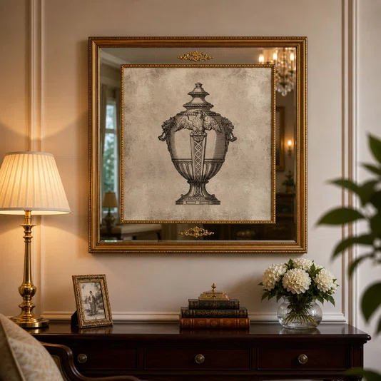 Quadro com Moldura Dourada e Espelho Imagem Ânfora com Águia 120x120 cm