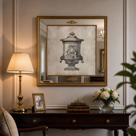 Quadro com Moldura Dourada e Espelho Imagem Ânfora Vaso Antigo 120x120 cm