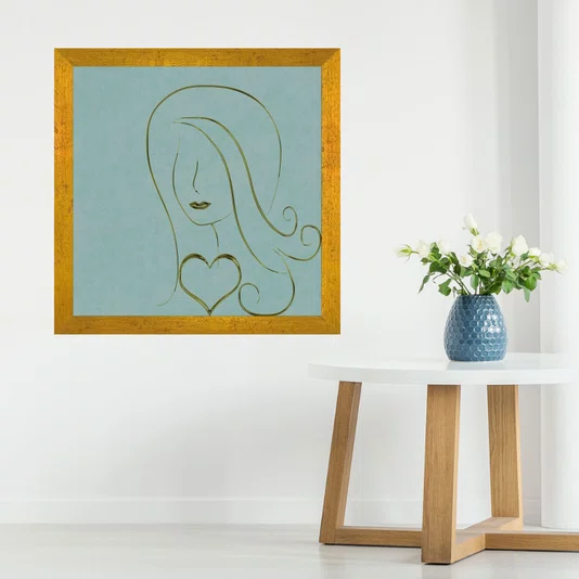 Quadro com Moldura Dourada Silhueta Mulher e Coração 30x30cm