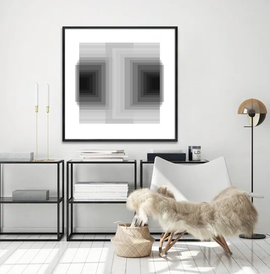 Quadro com Moldura e Vidro Geométrico Profundo Duplo Abstrato Preto e Branco