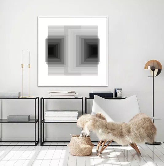 Quadro com Moldura e Vidro Geométrico Profundo Duplo Abstrato Preto e Branco
