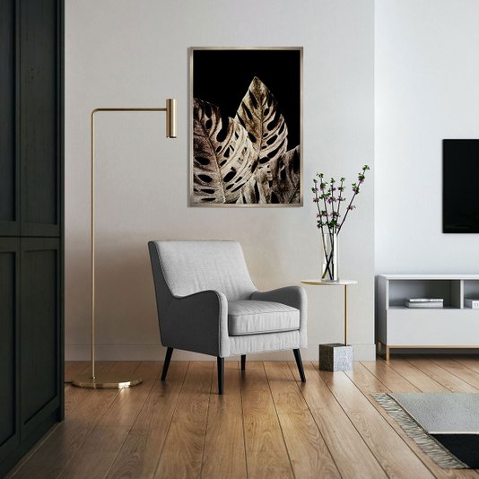 Quadro com Moldura Prata Arte Folhas com Fundo Preto 70x100 cm