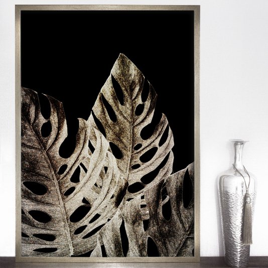 Quadro com Moldura Prata Arte Folhas com Fundo Preto 70x100 cm