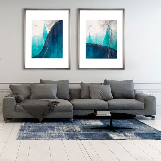 Quadro com Moldura Prata Chanfrada Arte Moderna Abstrata Azul Mountain