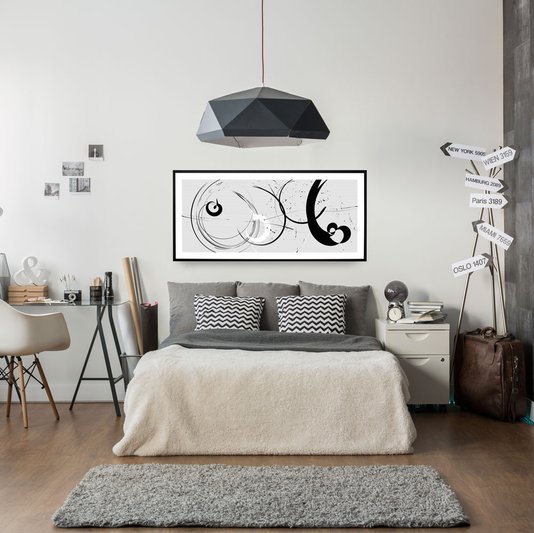 Quadro com Moldura Preta Arte Abstrata em Preto e Branco - Escolha o Tamanho