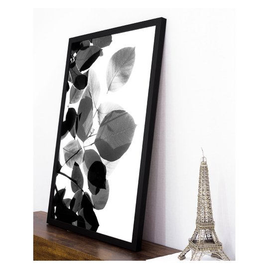 Quadro com Moldura Preta Folhas em Preto e Branco 60x90cm