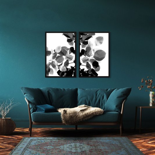Quadro com Moldura Preta Folhas em Preto e Branco 60x90cm