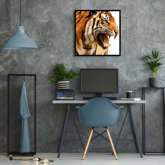 Quadro com Moldura Preta Ilustração Tigre Rugindo Escolha o Tamanho