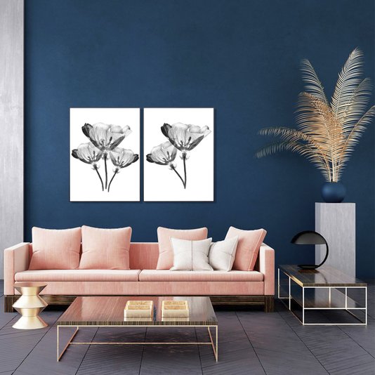 Quadro com Moldura Preta Trio de Flores Efeito Raio-X 60x80cm