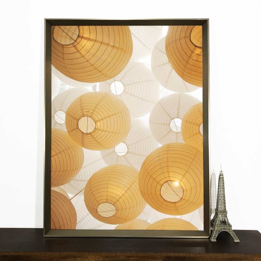 Quadro Criativo Moderno Arte Luminárias Japonesas com Moldura Prata Chanfrada