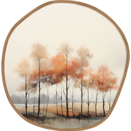 Quadro de Árvore e Lago em Tons Laranja em Formato Orgânico com Moldura Freijó | Aurora Viva