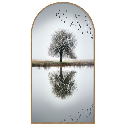 Quadro de  Arvore Preto e Branco Formato Janela com Moldura em Madeira Freijó