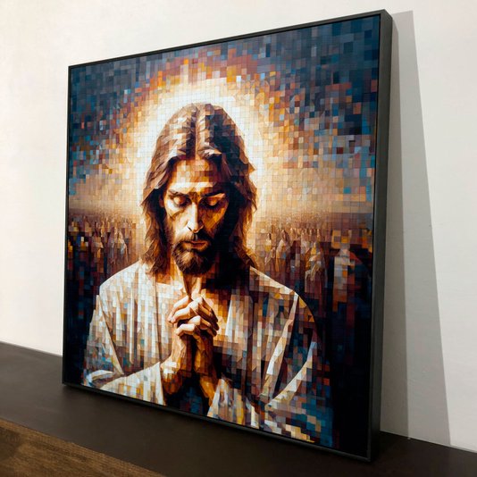 Quadro de Jesus em Canvas com Moldura Preta Arte Estilo Geométrica Colorida