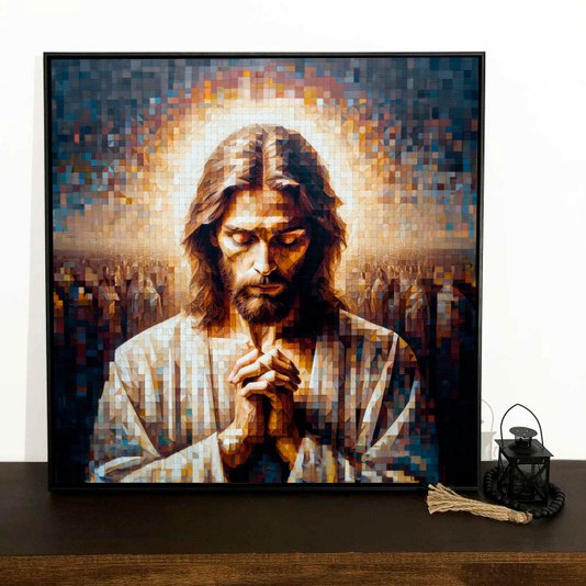 Quadro de Jesus em Canvas com Moldura Preta Arte Estilo Geométrica Colorida