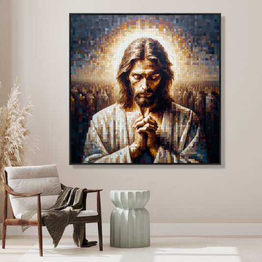 Quadro de Jesus em Canvas com Moldura Preta Arte Estilo Geométrica Colorida