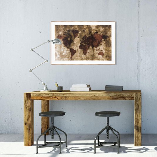 Quadro De Mapa Envelhecido com Moldura Bronze 90x60cm