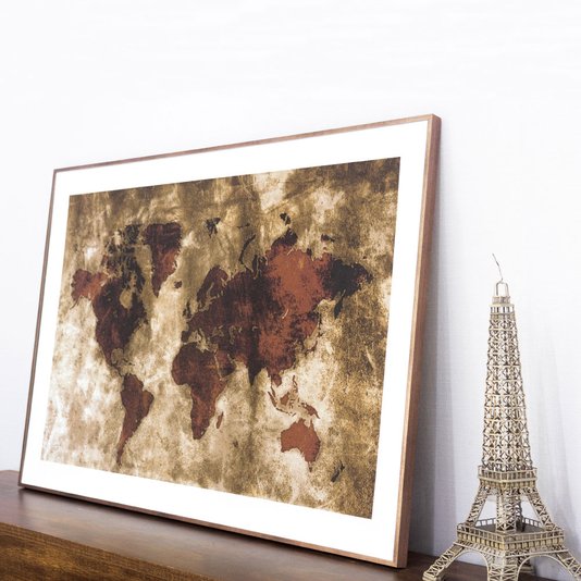 Quadro De Mapa Envelhecido com Moldura Bronze 90x60cm