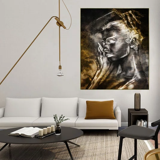 Quadro de Mulher Tela Canvas com Moldura Dourada 100x120 cm
