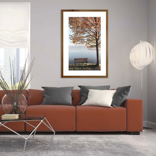 Quadro de Paisagem Decorativo Natureza Banco e Árvore na Beira de Lago